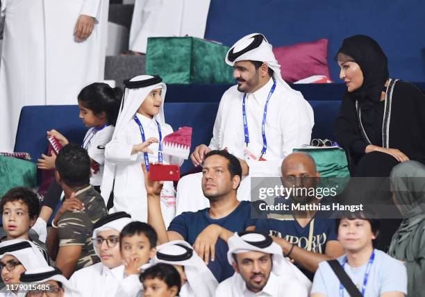 Sheikh Joaan bin Hamad Al Thani, President of the Qatar Olympic Committee, and mother Sheikha Mozah bint Nasser attend day eight of 17th IAAF World...