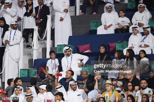 Sheikh Joaan bin Hamad Al Thani, President of the Qatar Olympic Committee, and mother Sheikha Mozah bint Nasser attend day eight of 17th IAAF World...