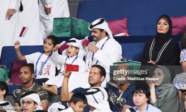 Sheikh Joaan bin Hamad Al Thani, President of the Qatar Olympic Committee, and mother Sheikha Mozah bint Nasser attend day eight of 17th IAAF World...