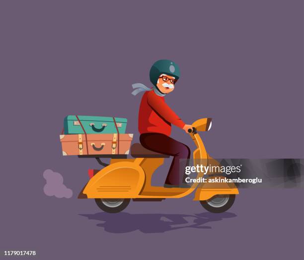 stockillustraties, clipart, cartoons en iconen met scooter rijden oude man - alleen één seniore man