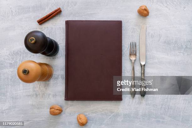 vintage leather menu - food close up stock pictures, royalty-free photos & images