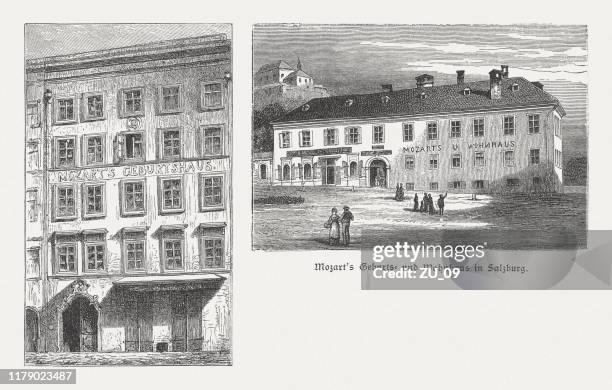 geburtsort und wohnort von mozart, salzburg, österreich, holzschnitte, veröffentlicht 1885 - salzburg stock-grafiken, -clipart, -cartoons und -symbole