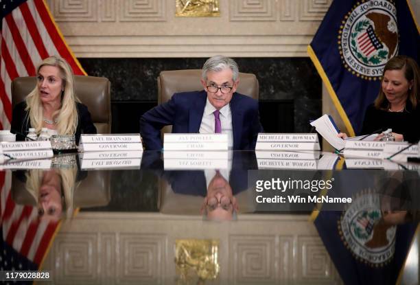 Federal Reserve Board Chairman Jerome Powell attends an event at the Federal Reserve headquarters October 4, 2019 in Washington, DC. Powell...