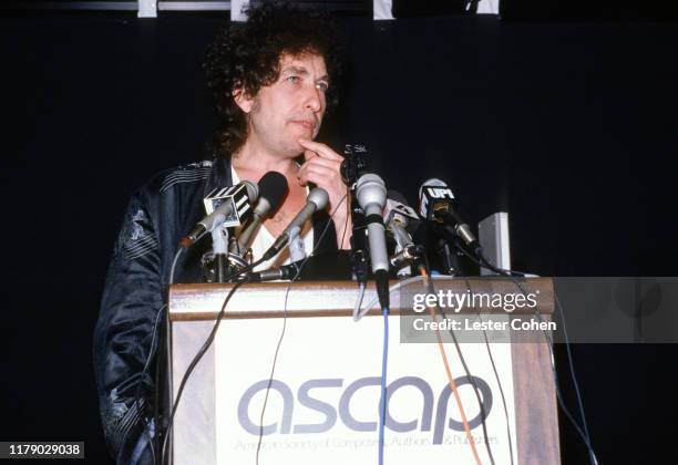 American singer-songwriter Bob Dylan speaks onstage after being given the ASCAP founders award at Chasen's Restaurant in Los Angeles, California,...