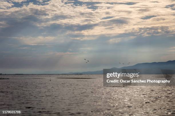 rays of sunshine through clouds in maritime landscape - ebro river - fotografias e filmes do acervo