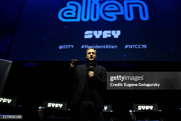 Alan Tudyk speaks onstage during SYFY’s Resident Allen World Premiere Screening & Panel at New York Comic Con 2019 - Day 2 at Jacobs Javits Center on...