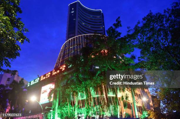 The Bombay Stock Exchange building is illuminated during a special holiday trading session marking the occasion of Diwali at the Bombay Stock...