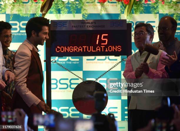 Bollywood actor Rajkummar Rao ringing the bell on Muhurat Trading on the occasion of Laxmipoojan on Deepawali later Stock brokers along with their...
