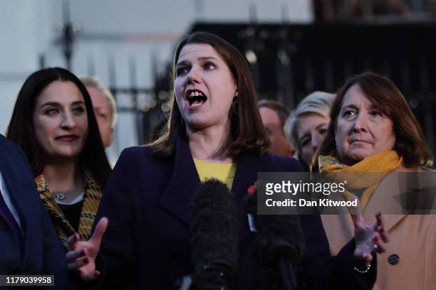 Leader of the Liberal Democrats, Jo Swinson, gathered her party of MPs outside the Houses of Parliament ahead of campaigning for the General...