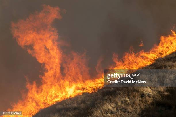 Strong winds drive the Easy Fire on October 30, 2019 near Simi Valley, California. The National Weather Service issued a rare extreme red flag...