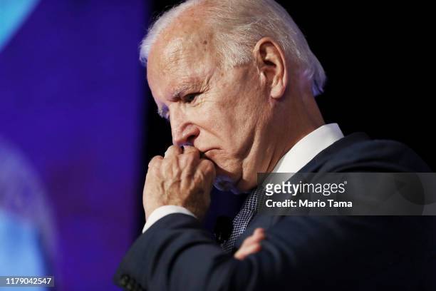 Democratic U.S. Presidential candidate and former Vice President Joe Biden pauses while speaking at the SEIU Unions for All Summit on October 4, 2019...