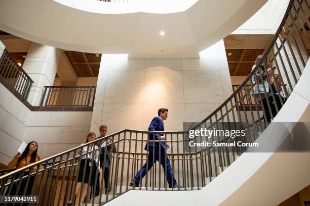 Rep. Matt Gaetz walks up the stairs after speaking to the media outside the Sensitive Compartmented Information Facility during the continued House...