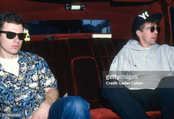 Neil Tennant and Chris Lowe of the Pet Shop Boys in the back of a limosine circa 1983. (Photo by Lester Cohen/ Getty Images