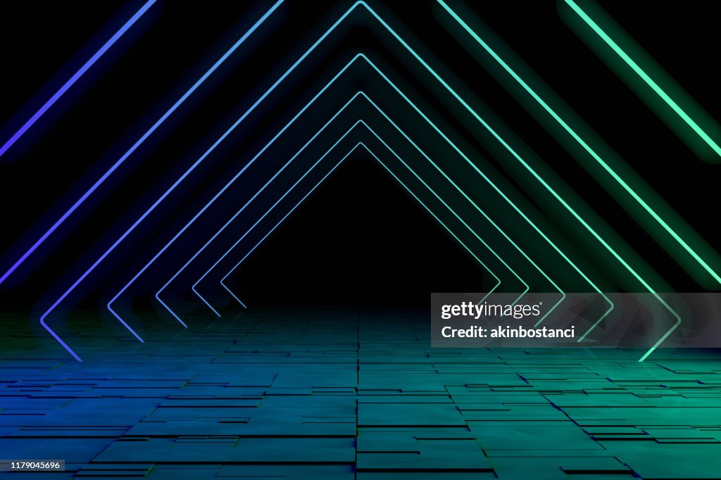 Linhas quadradas de incandescência do laser de néon ultravioleta, túnel claro, fundo 3D abstrato