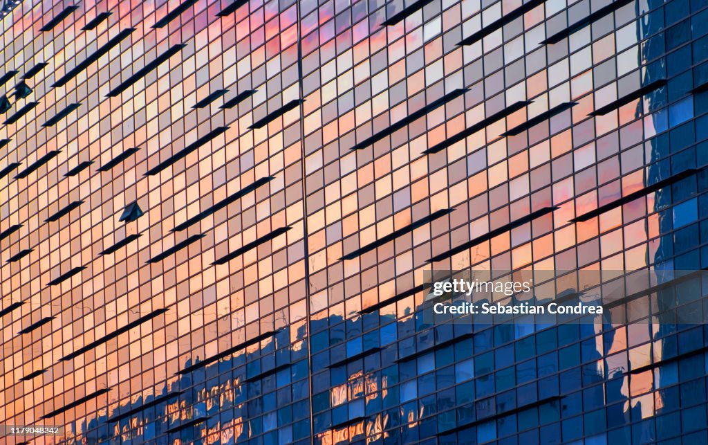 Illuminated Office building at sunset. Bucuresti, Romania.