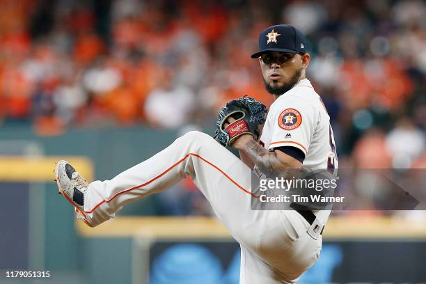 Roberto Osuna of the Houston Astros delivers a pitch against the Tampa Bay Rays during the ninth inning in game one of the American League Division...