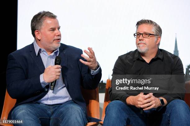 Weta Digital VFX supervisor Guy Williams and VFX supervisor Bill Westenhofer attend the Global Press Conference in support of GEMINI MAN at the...