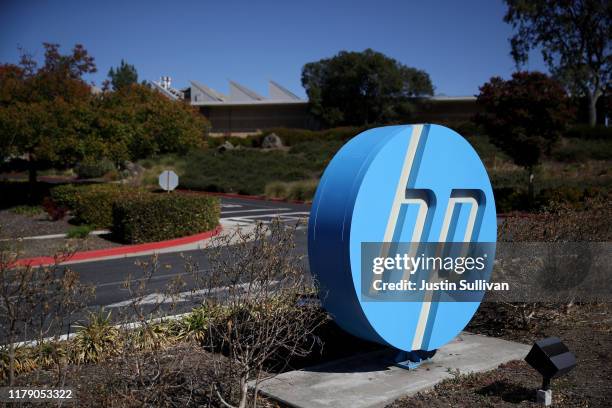 The Hewlett Packard logo is displayed in front of the office complex on October 04, 2019 in Palo Alto, California. HP announced plans to cut 7,000 to...