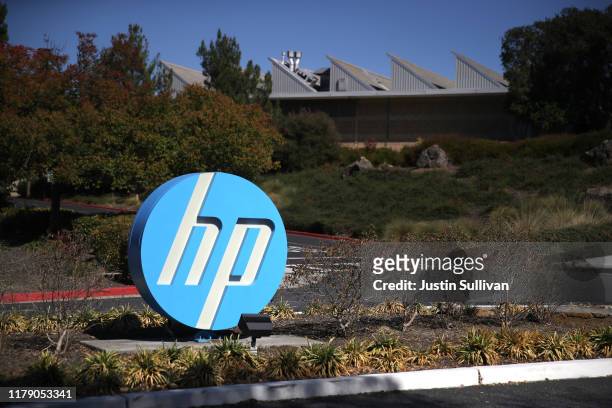 The Hewlett Packard logo is displayed in front of the office complex on October 04, 2019 in Palo Alto, California. HP announced plans to cut 7,000 to...