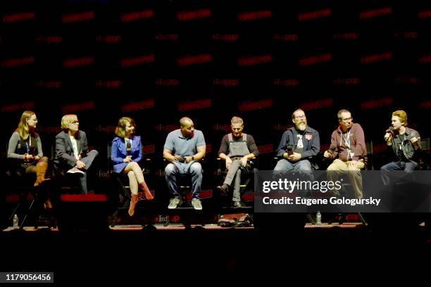 Moderator Kate Knibbs, Tom Sheppard, Milana Vayntrub, Donald Faison, Breckin Meyer, John Harvatine, Matthew Senreich, and Seth Green speak onstage...