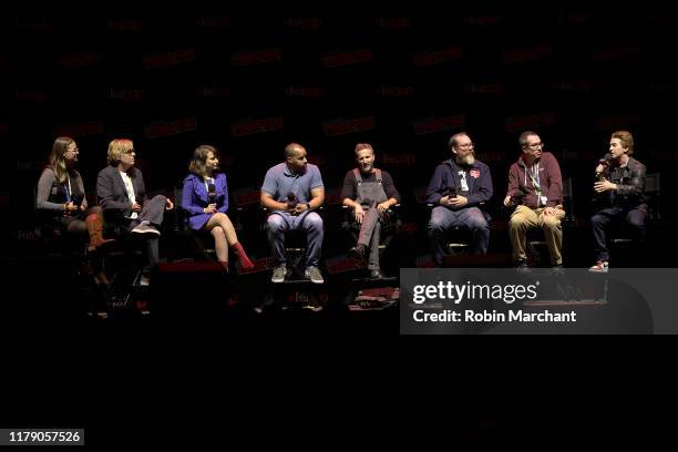 Kate Knibb, Tom Sheppard, Milana Vayntrub, Donald Faison, Brekin Meyer, John Harvatine IV, Matthew Senreich and Seth Green speak onstage at the Robot...