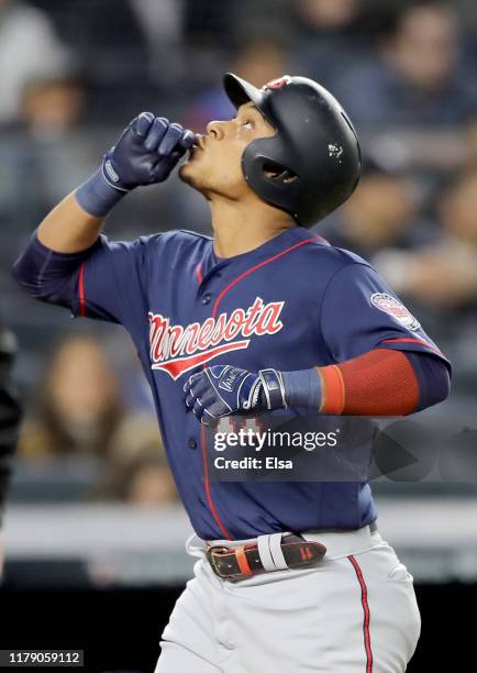 Jorge Polanco of the Minnesota Twins celebrates after hitting a home run against James Paxton of the New York Yankees during the first inning in game...