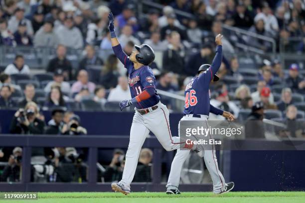 Jorge Polanco of the Minnesota Twins celebrates after hitting a home run against James Paxton of the New York Yankees during the first inning in game...