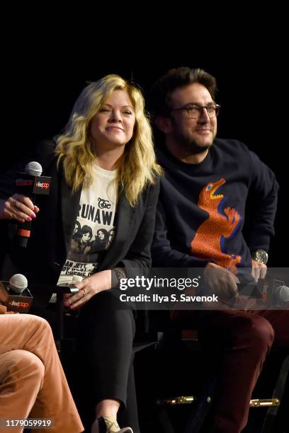 Stephanie Savage and Josh Schwartz speak onstage during New York Comic Con 2019 - Day 2 at Hulu Theater at Madison Square Garden on October 04, 2019...