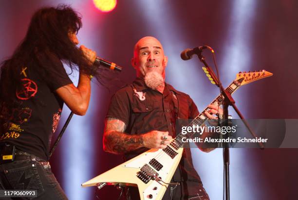 Joey Belladonna and Scott Ian of Anthrax perform on stage during Rock in Rio 2019 - Day 5 at Cidade do Rock on October 04, 2019 in Rio de Janeiro,...