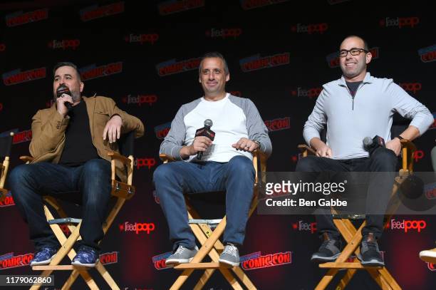 Brian Q Quinn, Joe Gatto and James Murray speak onstage at the Impractical Jokers: From Staten Island to The Misery Index and Beyond Panel during New...