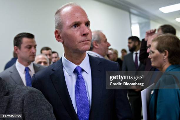 Dennis Muilenburg, chief executive officer of Boeing Co., arrives during a break of the House Transportation and Infrastructure Committee hearing in...