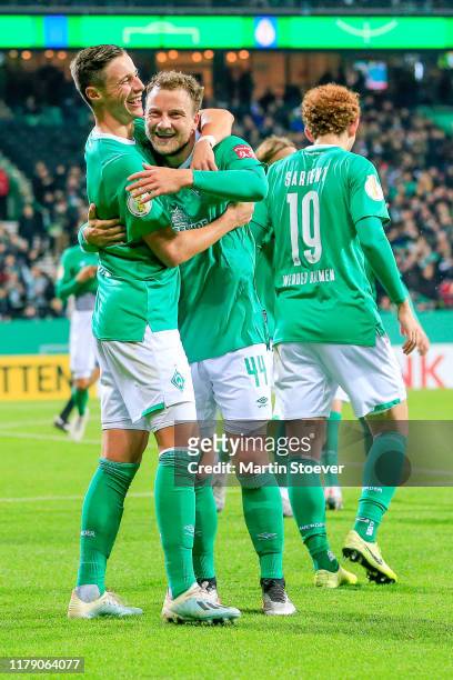 Marco Friedl of Bremen celebrates scoring his team's fourth goal during the DFB Cup second round match between Werder Bremen and 1. FC Heidenheim...