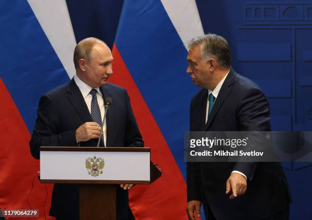 Russian President Vladimir Putin and Hungarian Russian Prime Minister Viktor Orban attend their joint press conference on October 30,2019 in...