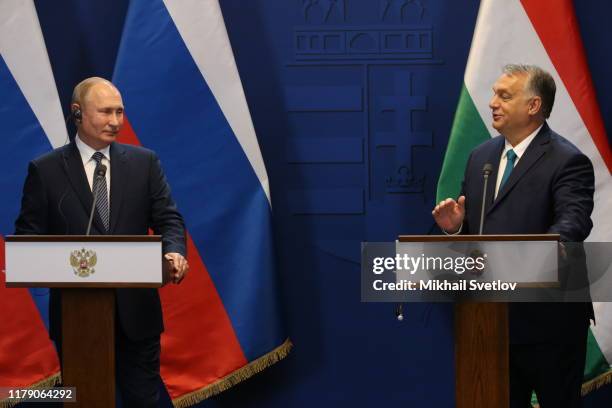 Russian President Vladimir Putin and Hungarian Russian Prime Minister Viktor Orban attend their joint press conference on October 30,2019 in...