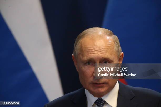 Russian President Vladimir Putin speeches during a joint press conference on October 30,2019 in Budapest, Hungary.Vladimir Putin is having a one-day...