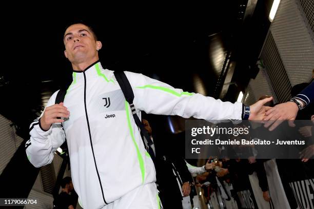 Cristiano Ronaldo of Juventus arrives at the stadium before the Serie A match between Juventus and Genoa CFC at Allianz Stadium on October 30, 2019 i