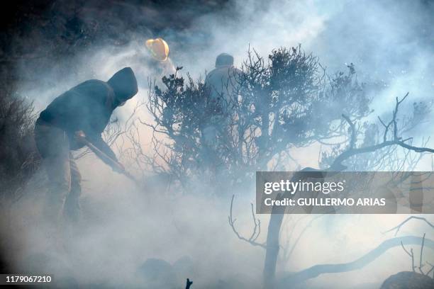 Firefighters and neighbors work on a brush fire fueled by Sant Ana winds in Plaza Santa Maria south Rosarito Beach, in Baja California state, Mexico,...