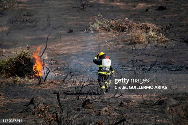 Firefighters work on a brush fire fueled by Santa Ana winds in Plaza Santa Maria south Rosarito Beach, in Baja California state, Mexico, on October...