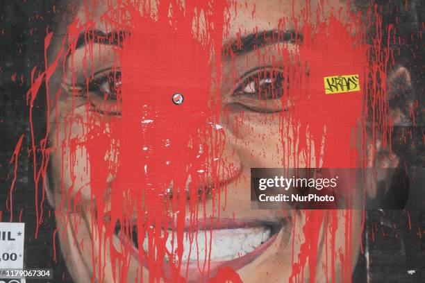 Tribute to Councilwoman Marielle Franco, murdered in 2018, is vandalized with red paint in downtown Sao Paulo on Wednesday. Brazilian President Jair...