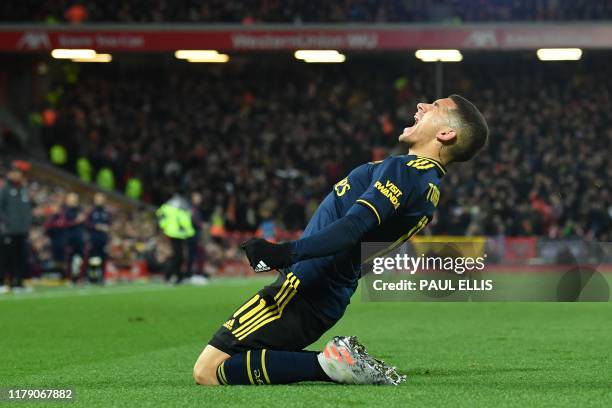 Arsenal's Uruguayan midfielder Lucas Torreira celebrates after scoring the equalising goal during the English League Cup fourth round football match...