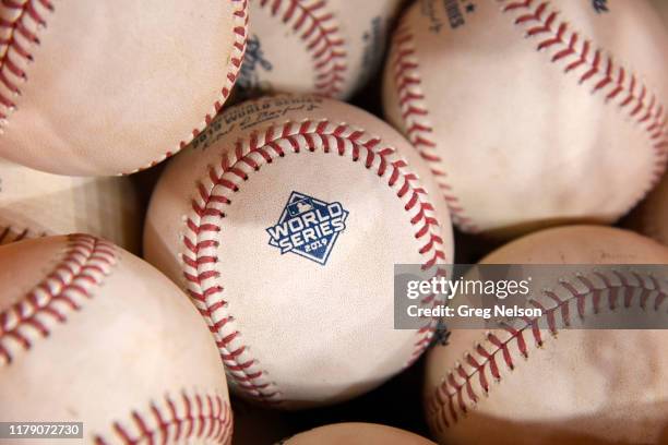 World Series: Closeup of baseballs with World Series logo during Houston Astros vs Washington Nationals game at Minute Maid Park. Game 6. Equipment....