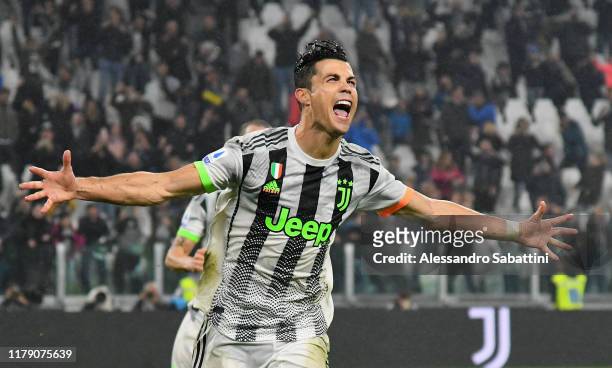 Cristiano Ronaldo of Juventus celebrates after scoring his team second goal during the Serie A match between Juventus and Genoa CFC at on October 30,...