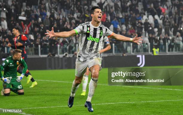 Cristiano Ronaldo of Juventus celebrates after scoring his team second goal during the Serie A match between Juventus and Genoa CFC at on October 30,...