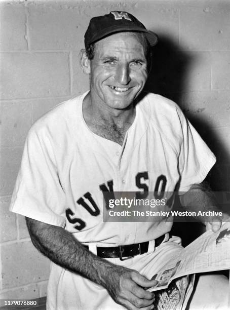 Manager Pepper Martin of the Miami Sun Sox of the Florida International League poses for a portrait while reading the newspaper circa 1949. The Sun...