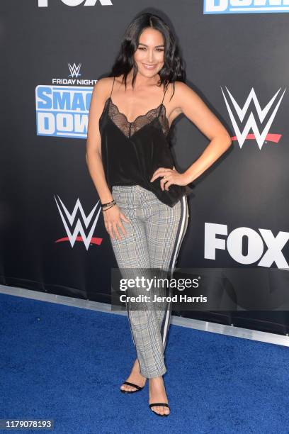 Brie Bella attends WWE 20th Anniversary Celebration Marking Premiere of WWE Friday Night SmackDown on FOX at Staples Center on October 04, 2019 in...