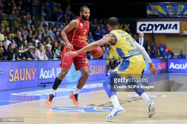 Aaron Harrison and Joshua Bostic are seen in action during the 7days EuroCup group D match between Asseco Arka Gdynia and Galatasaray Doga Sigorta...