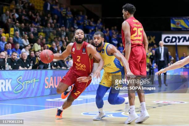 Aaron Harrison and Joshua Bostic are seen in action during the 7days EuroCup group D match between Asseco Arka Gdynia and Galatasaray Doga Sigorta...