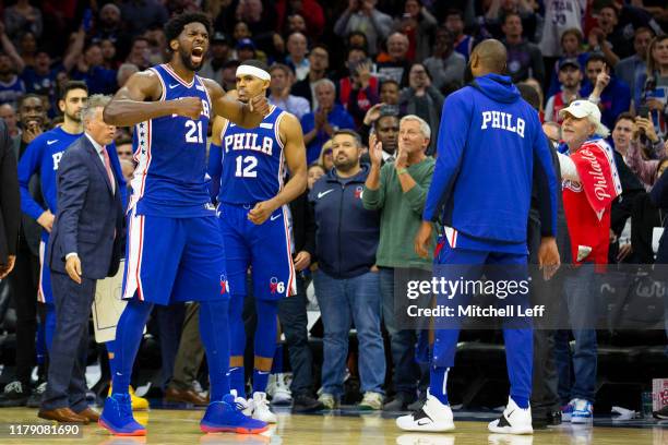 Joel Embiid of the Philadelphia 76ers reacts after getting ejected for fighting Karl-Anthony Towns of the Minnesota Timberwolves in the third quarter...