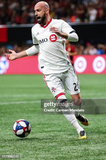 Laurent Ciman of Toronto FC controls the ball during the first half of the Eastern Conference Finals between Atlanta United and Toronto FC at...