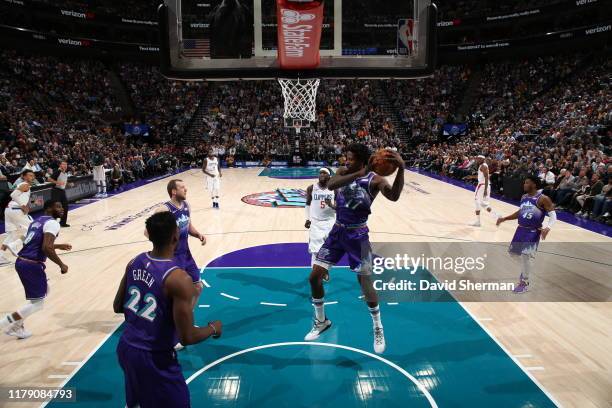 Ed Davis of the Utah Jazz grabs the rebound against the LA Clippers on October 30, 2019 at Target Center in Minneapolis, Minnesota. NOTE TO USER:...